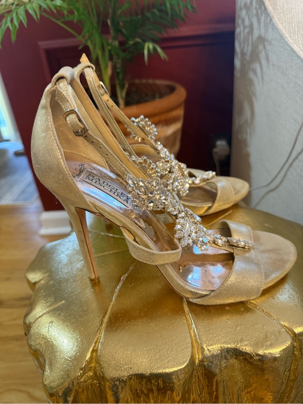 Badgley Mischka Champagne Crystal T-Strap Heels - Picture 4 of 5